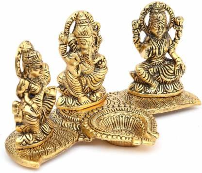 Gold Plated Lakshmi Ganesh Saraswati Idol with Deepak