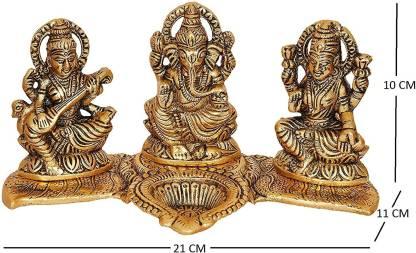 Gold Plated Lakshmi Ganesh Saraswati Idol with Deepak