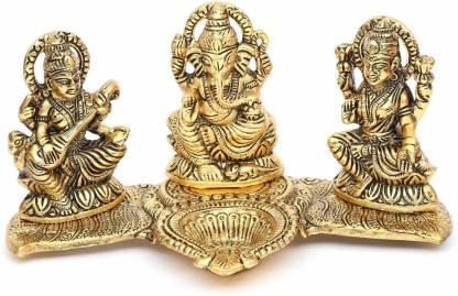 Gold Plated Lakshmi Ganesh Saraswati Idol with Deepak